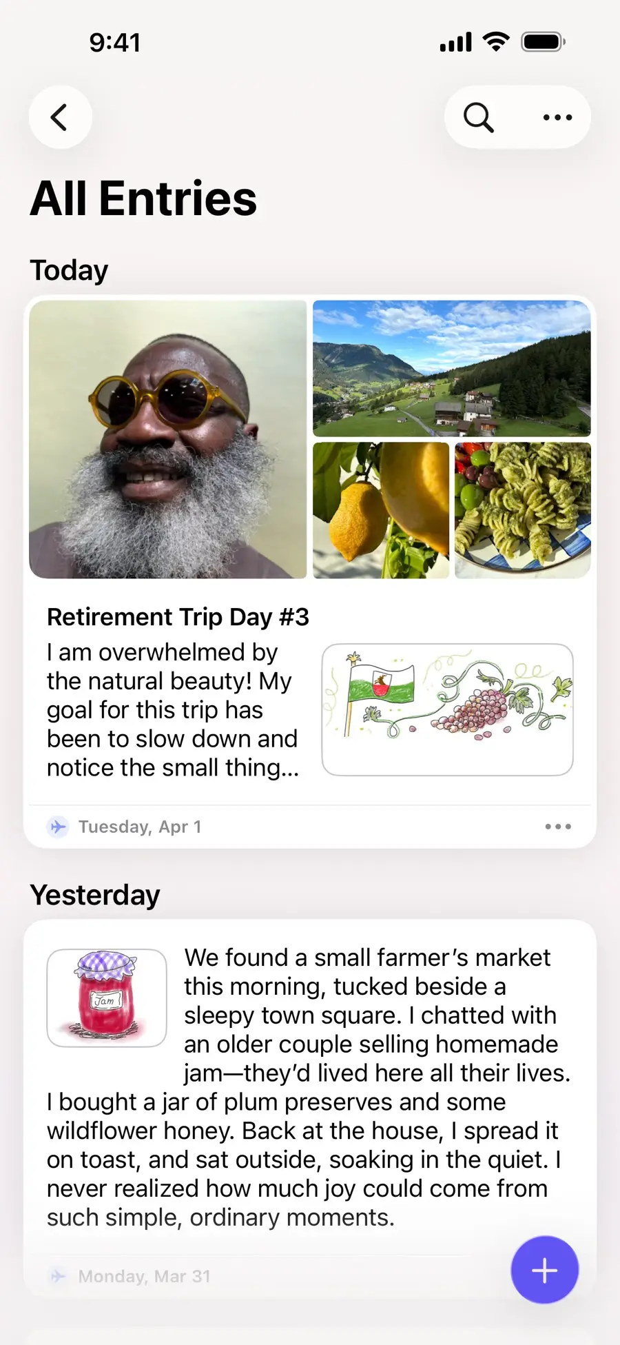 Apple Journal's All Entries list, with a photo-grid entry above a longer written entry from the day before
