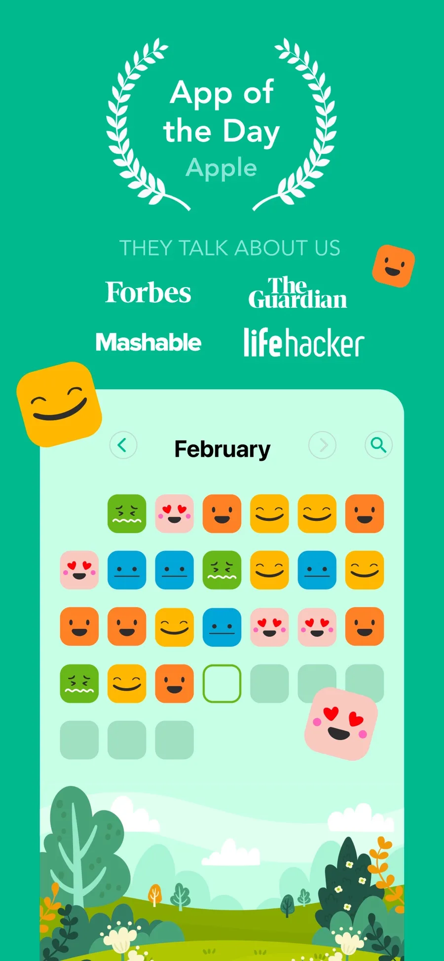 Daylio's month grid for February, each day filled with a coloured face icon for that day's mood