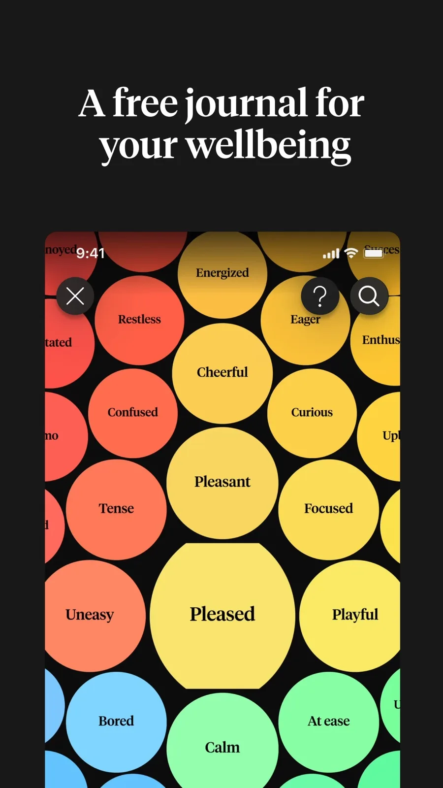 How We Feel's mood meter, a grid of coloured bubbles labelled Cheerful, Tense, Focused, Calm and Playful