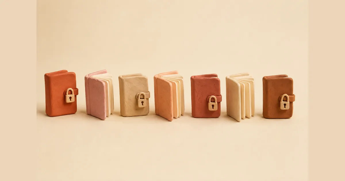 Seven small clay notebooks standing in a row, four closed with clay padlocks and three open showing blank pages