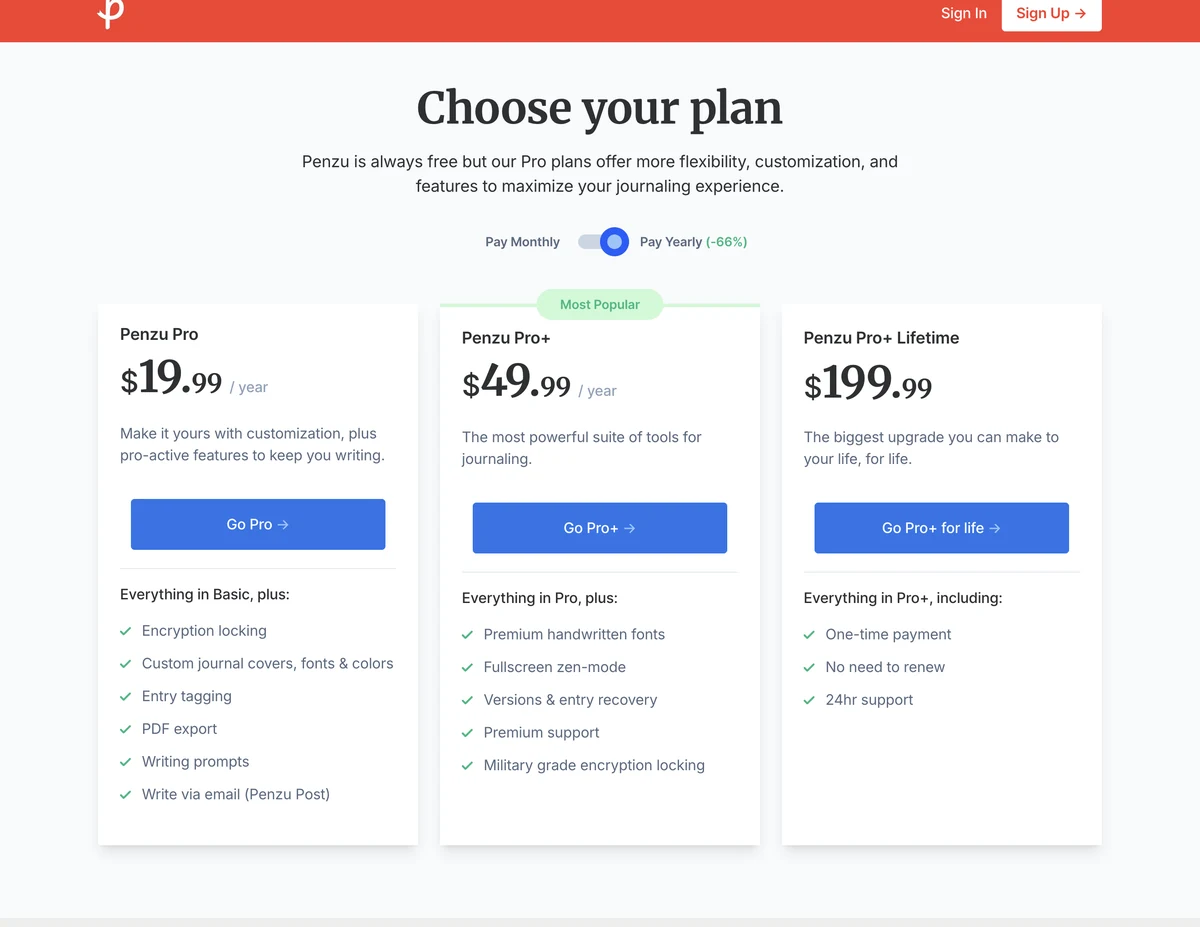 Penzu's three paid plans: Pro at $19.99 a year listing PDF export and encryption locking, Pro+ at $49.99, and a $199.99 lifetime option