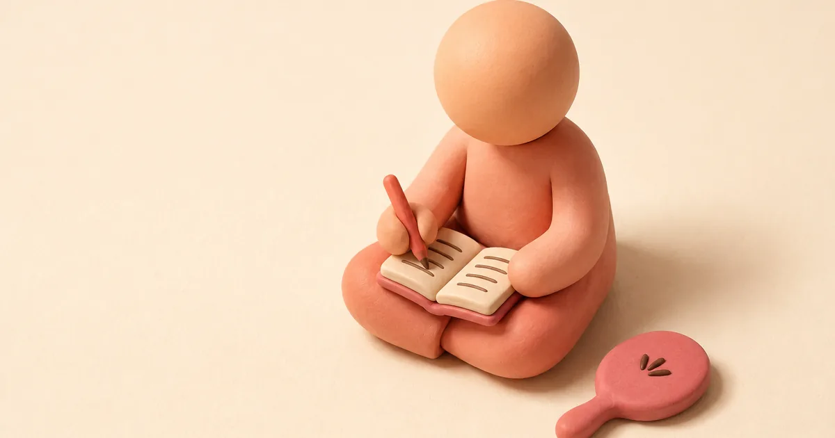 A small featureless clay figure sitting cross-legged writing in a tiny open notebook, with a small clay hand mirror lying face down on the floor beside them