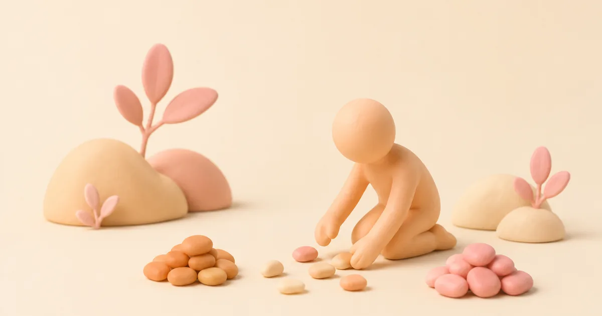 A small featureless clay figure kneeling on the floor sorting scattered clay pebbles into two neat heaps, one on either side of them