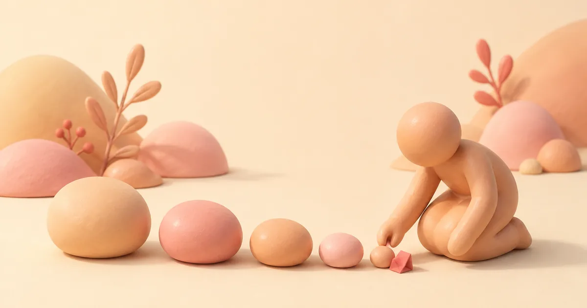 A small clay figure kneeling beside a row of five clay pebbles of different sizes, setting a tiny folded note down next to the smallest one