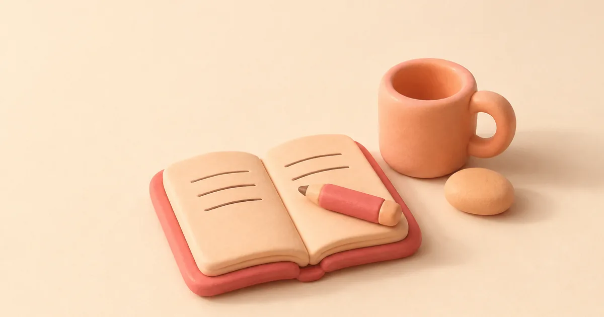 A small open clay notebook lying flat on the floor with a short clay pencil resting across its page, a clay mug standing beside it and one smooth clay pebble next to the mug