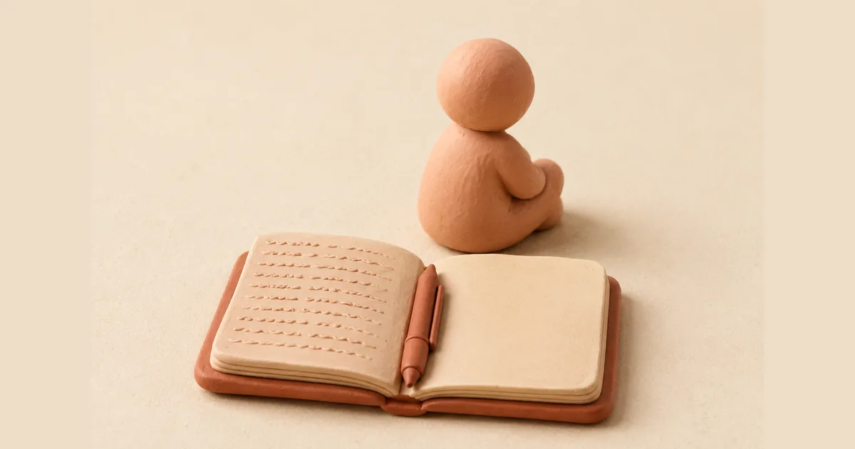 An open clay notebook with writing on the left page and a blank right page, and a clay figure sitting behind it with its back turned