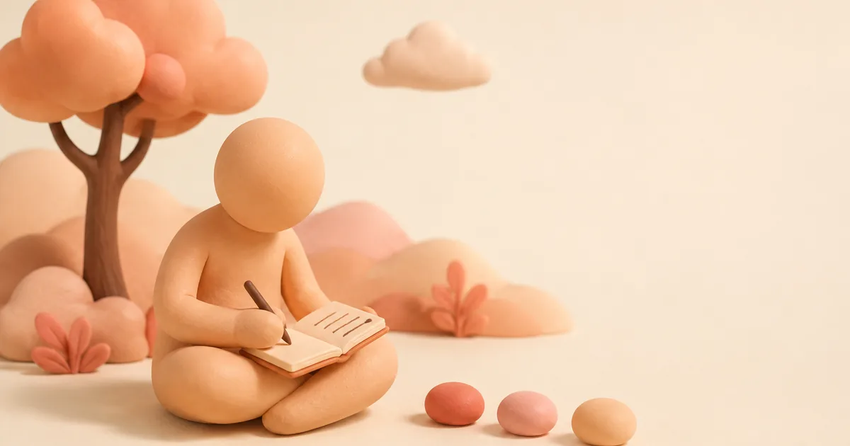 A clay figure sitting cross-legged writing three short lines in a small open notebook, with three clay pebbles lined up beside them