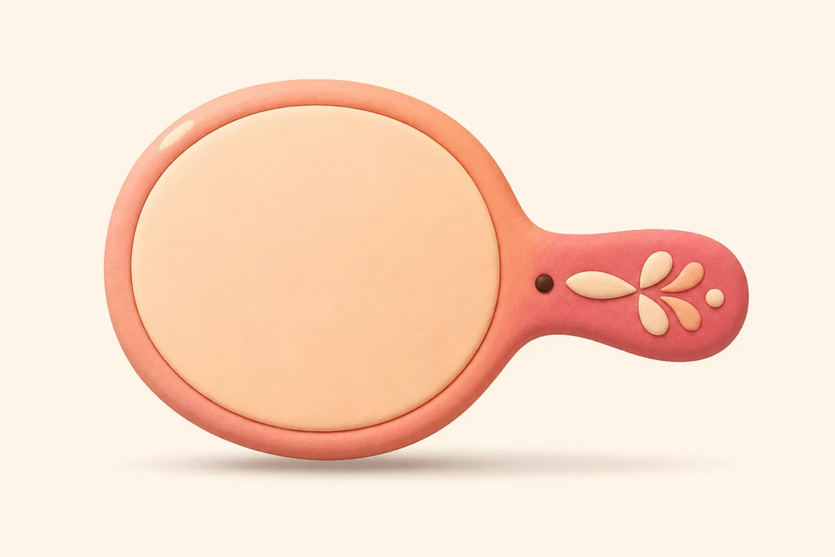 A small clay hand mirror turned on its side, with a smooth blank face and a short rounded handle