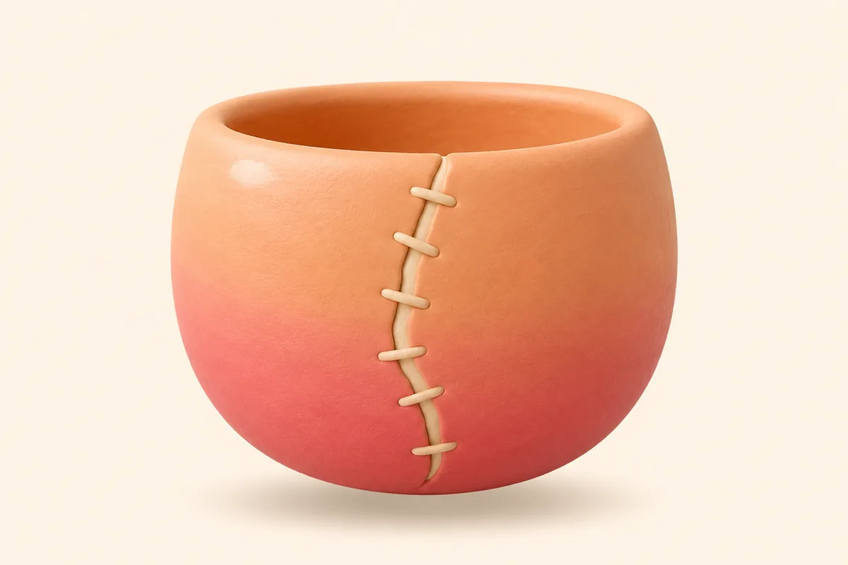 A single round clay bowl with one mended seam running down its side