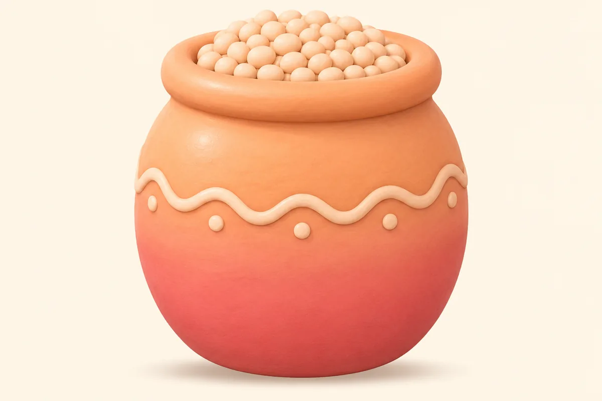A single rounded clay jar with a wide mouth filled to the brim with tiny smooth clay pebbles
