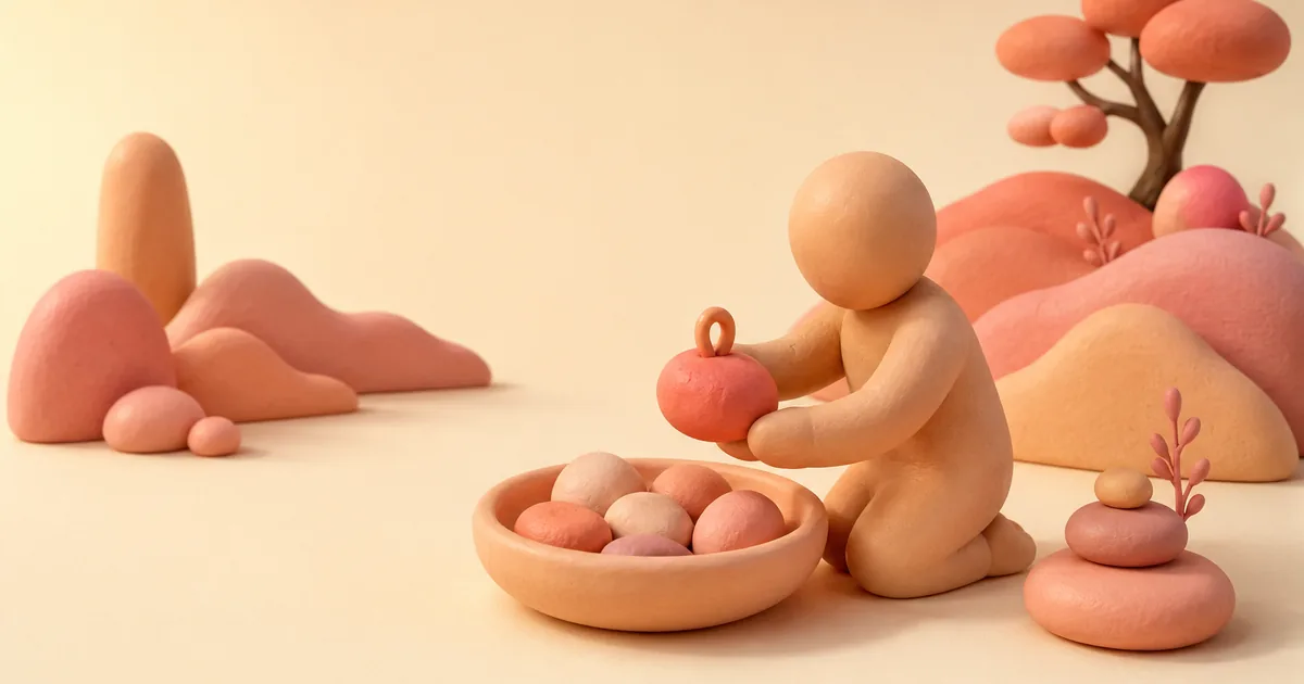 A small featureless clay figure kneeling beside a shallow clay dish of smooth pebbles in a low clay landscape, lifting out the one pebble that has a small loop on top of it